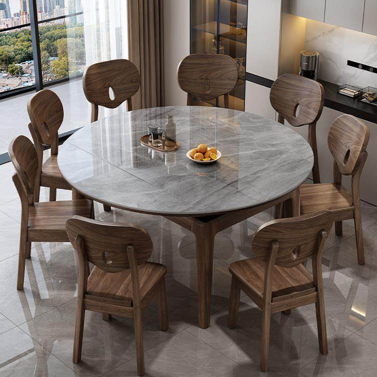 北美黑胡桃木岩板实木餐桌椅组合可伸缩家用小户型折叠可变圆桌子