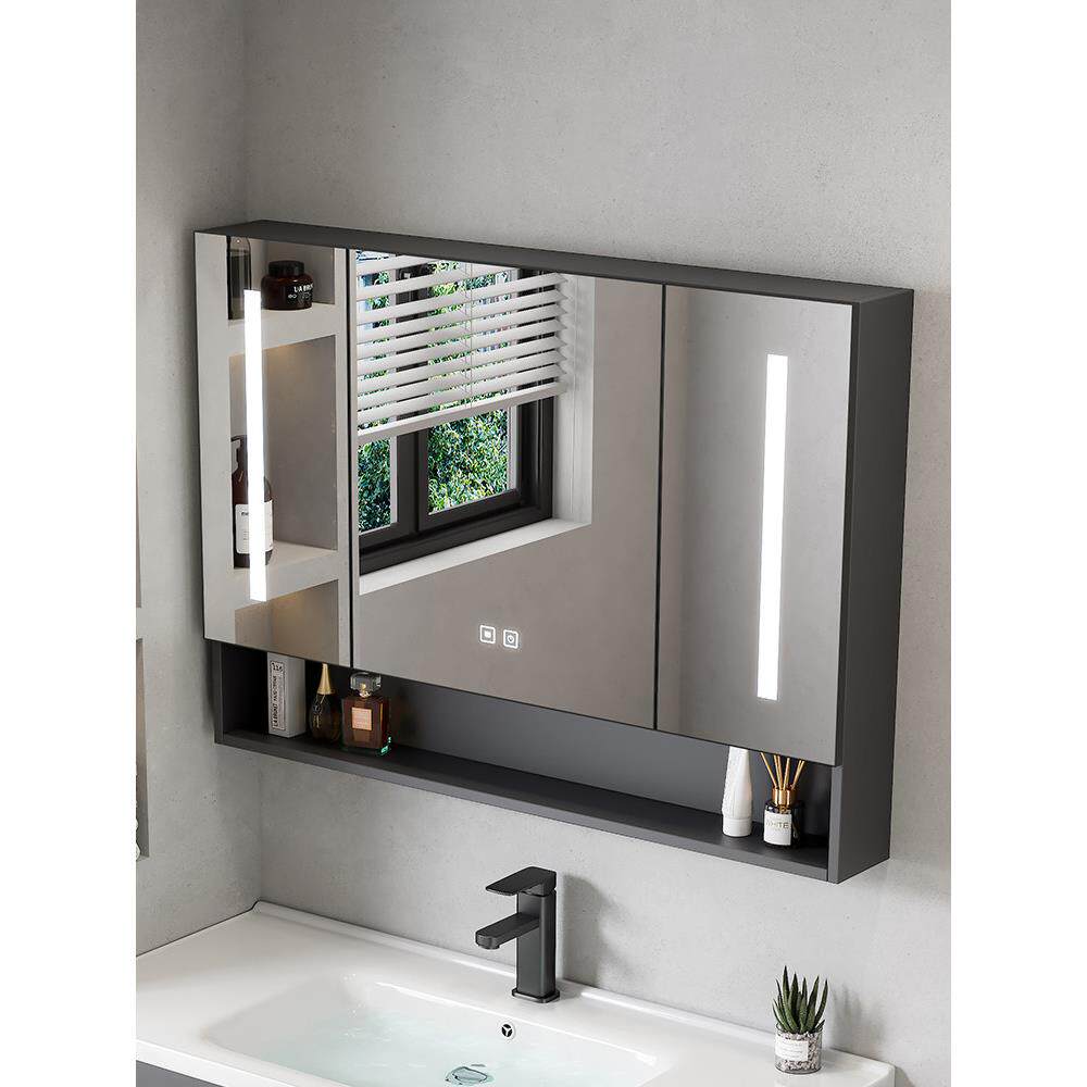 免打孔太空铝浴室镜柜单独挂墙带灯除雾卫生间化妆镜子置物收纳架