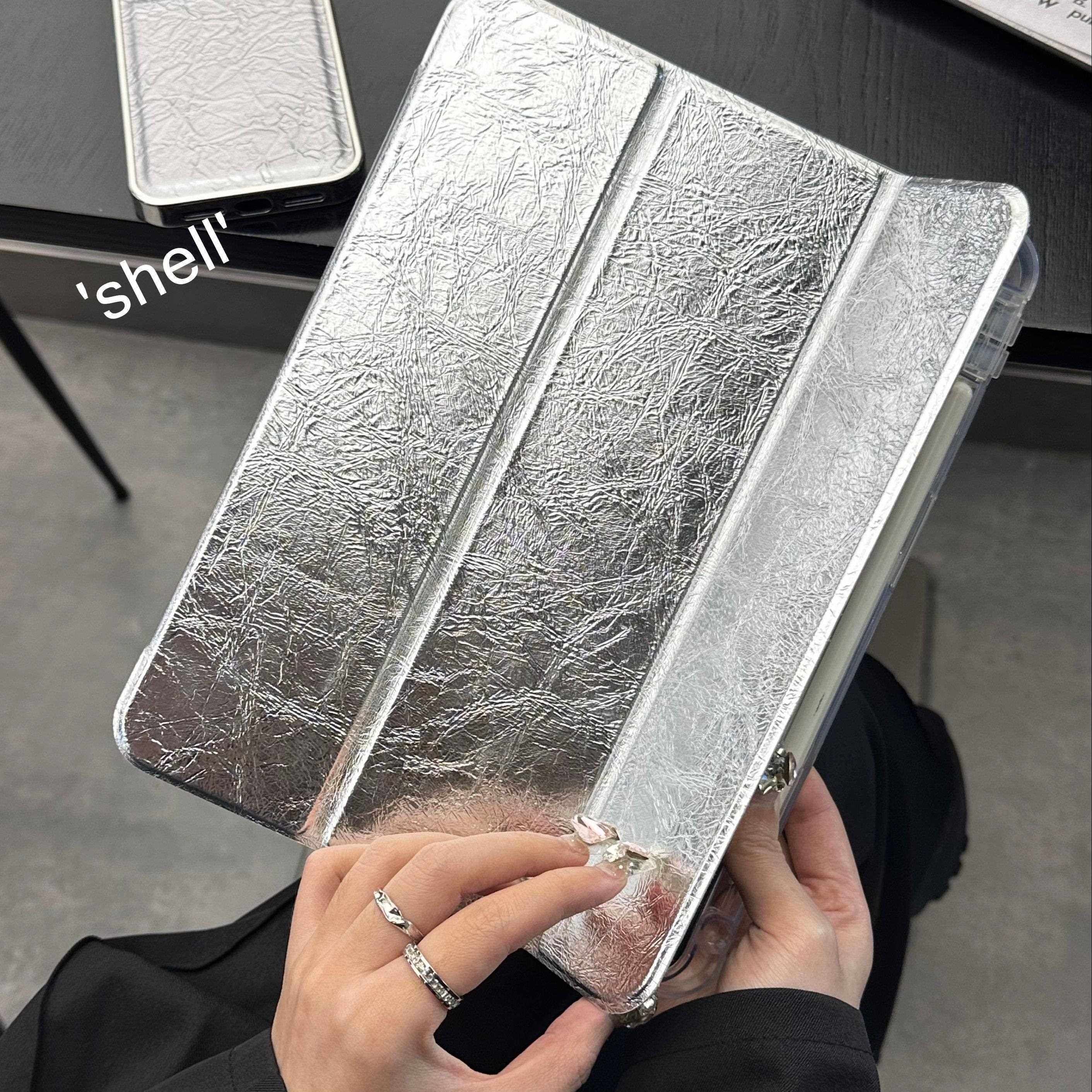 SHELL丨原创设计金属爆裂纹皮革适用于ipad平板电脑防摔硬壳磁吸高级保护壳三折款air67平板套proM111寸13寸