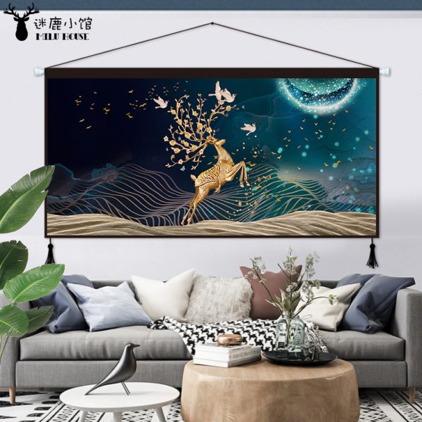 油画麋鹿北欧布艺挂画客厅背景画卧室床头装饰画餐厅挂布挂毯定制图片