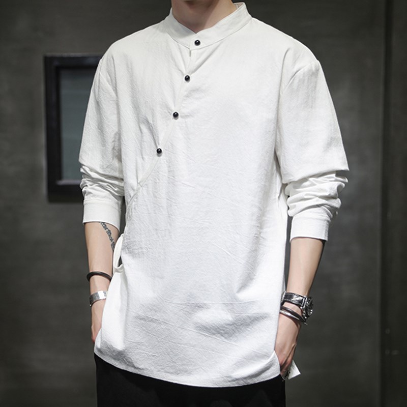 春秋男中式长袖衬衫立领唐装工作服汉服茶人服复古民国风男装衬衣