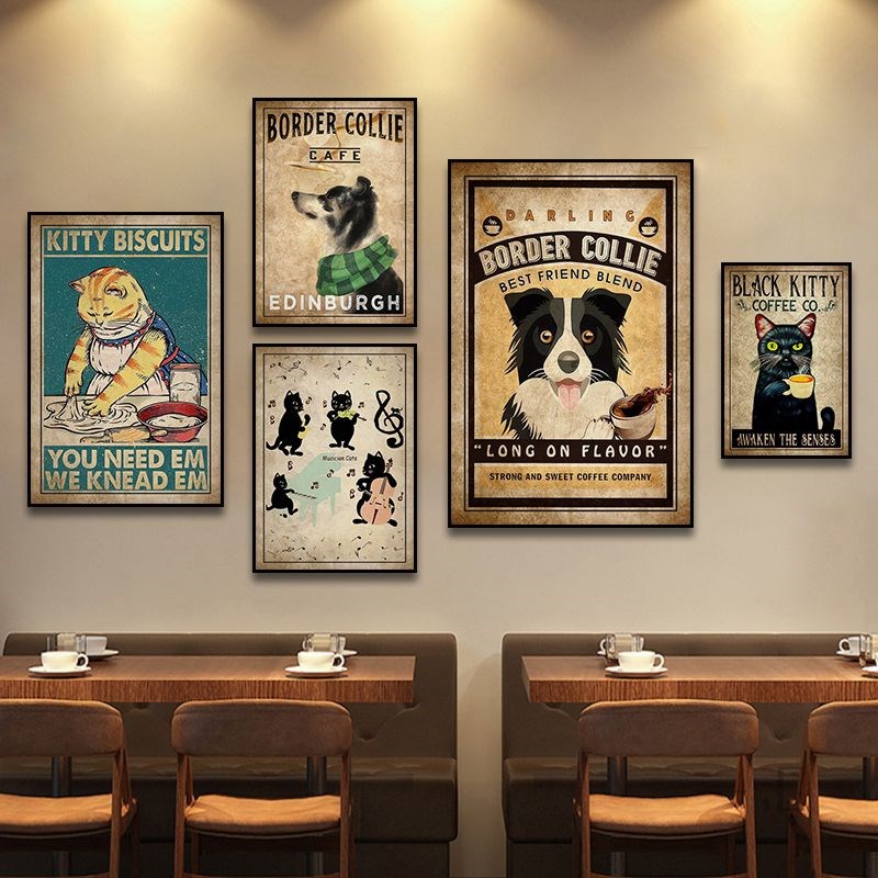 工业风咖啡厅挂画猫狗覆古海报美式风格餐厅奶茶店墙面动物装饰画图片