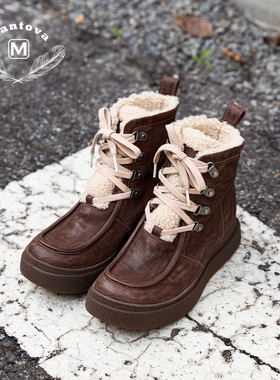 Mantova加毛秋冬新款马皮系带休闲马丁靴复古百搭羊毛加绒雪地靴