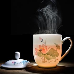 手绘陶瓷办公杯带盖会议水杯家用大容量泡茶杯定制礼品 釉下彩中式