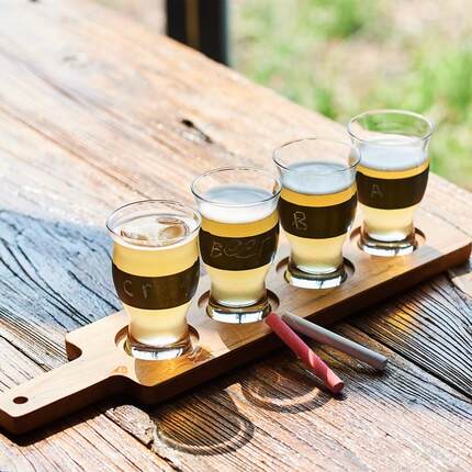 个性涂鸦 进口精酿啤酒杯套装小号带木托盘 家用创意玻璃杯子水杯