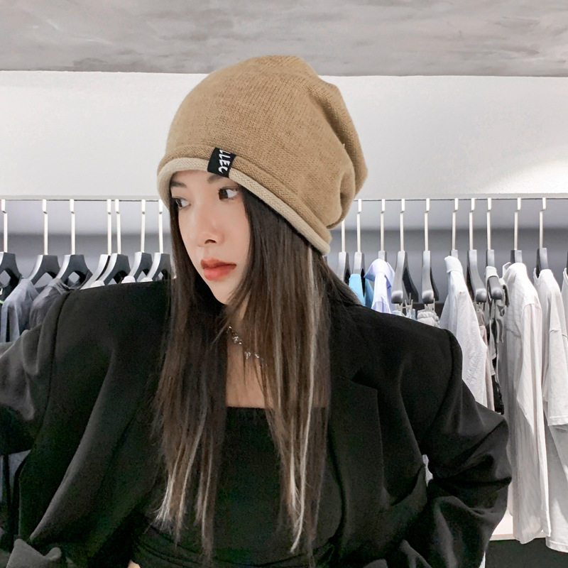 新款韩版秋冬帽子女时尚卷标针织毛线帽冬季保暖网红堆堆帽套头帽