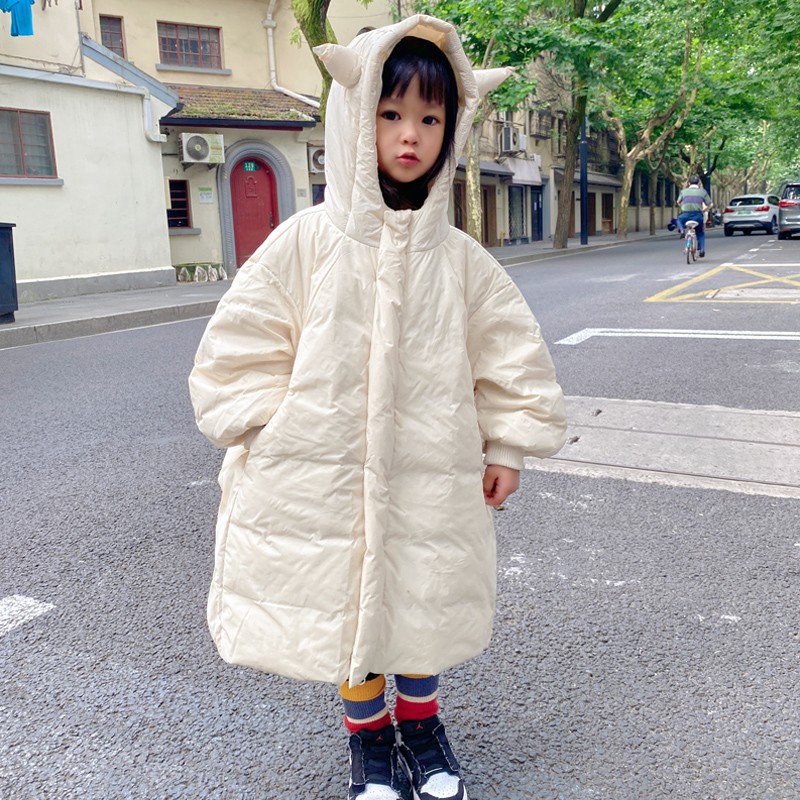 韩国儿童羽绒服小恶魔过膝长款男童女童宝宝秋冬连帽加厚宽松外套