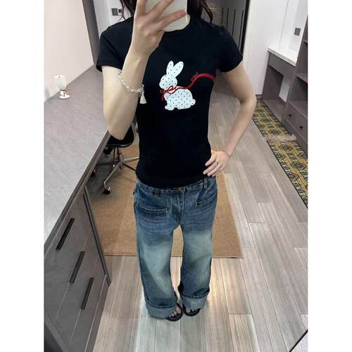 TWOEX2新款休闲百搭波点贴布绣兔兔短袖T恤女正肩显瘦夏季上衣