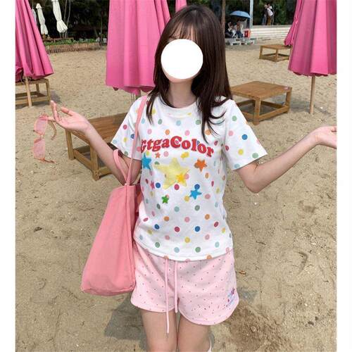 GTGA 美式潮牌字母波点印花短袖T恤2026夏多巴胺修身正肩上衣女