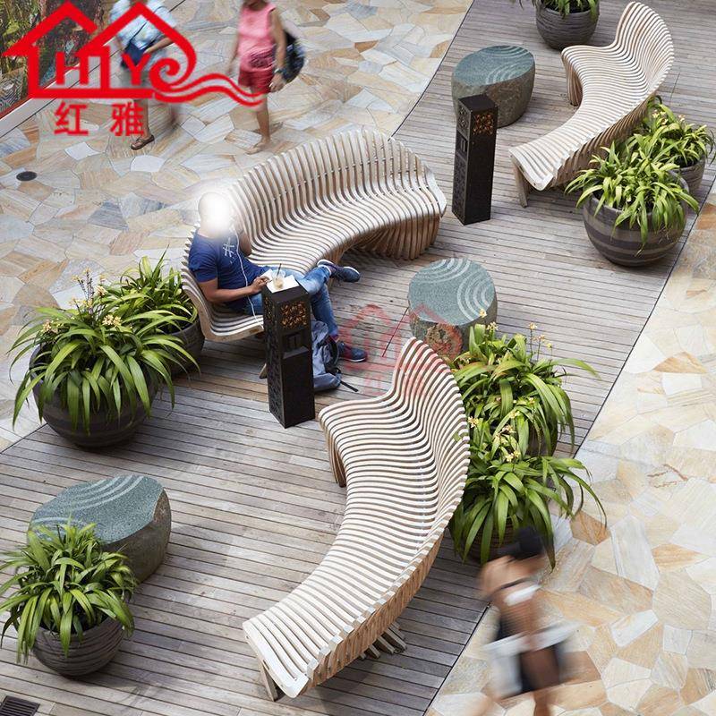 户外公园广场防腐木切片架子弧形坐凳商场酒店夹板切片树池座椅