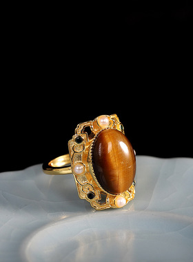 925纯银镶嵌虎眼石戒指 时尚个性简约女士指环