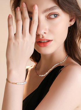 首饰 925纯银项链 回形链拼接天然巴洛克珍珠项链