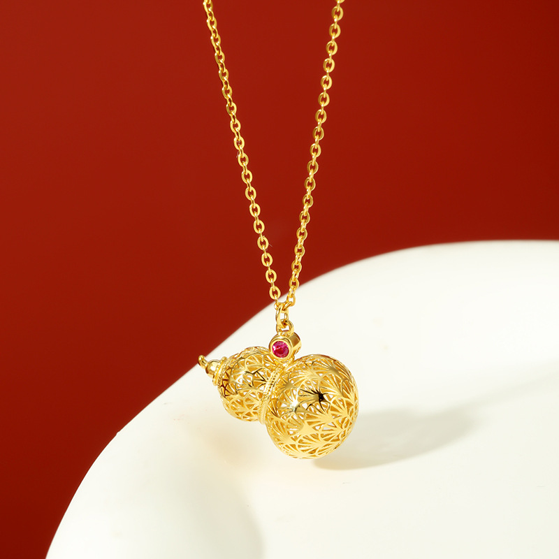 镂空福禄葫芦吊坠925银项链配饰女轻奢毛衣链 新年款红立方氧化锆