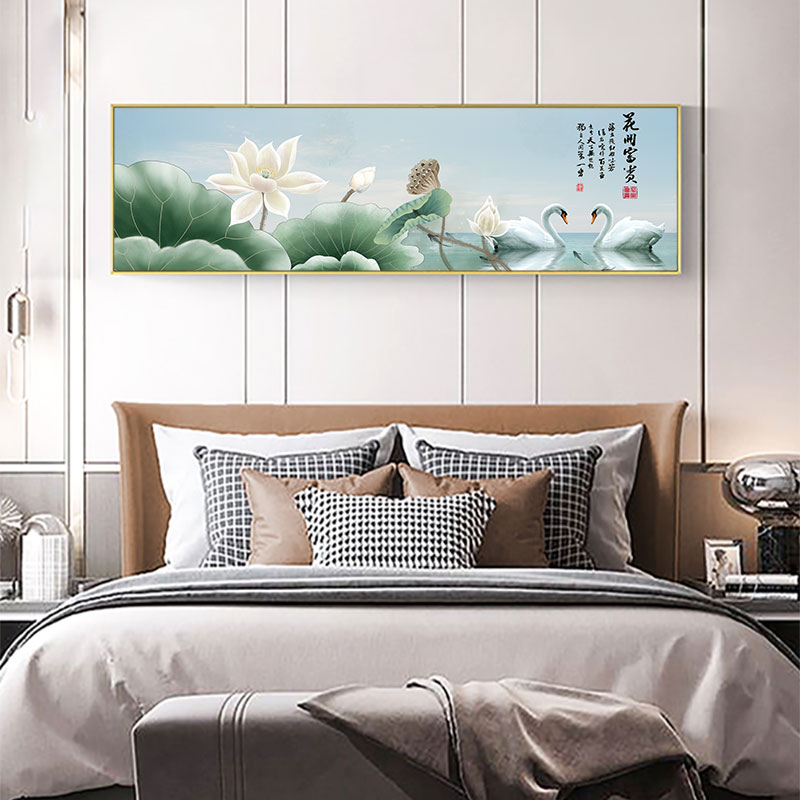 新中式卧室床头装饰画主卧房间客厅沙发背景墙面横幅古香荷花挂画图片