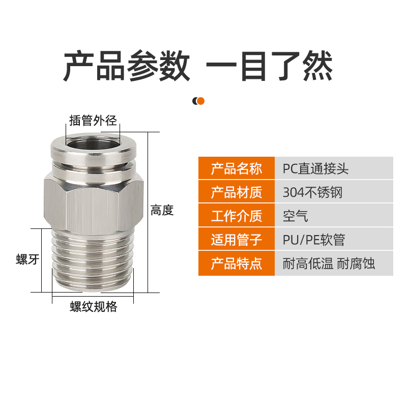 304不锈钢气动快速接头气管快插螺纹直通PC8PC10PC12M5PUPE管外丝