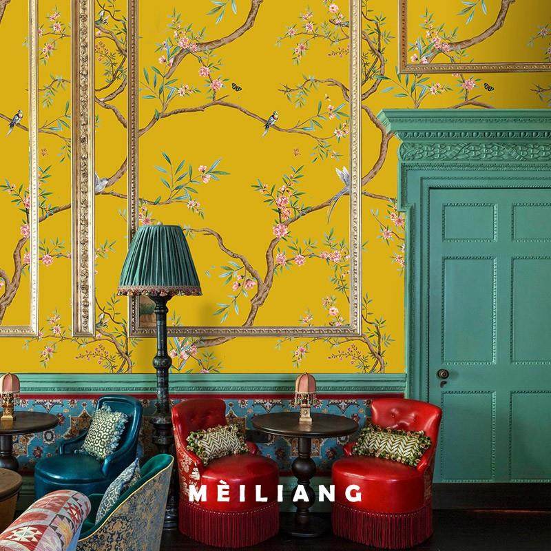 3d美式黄色花鸟壁纸客厅新中式法式墙纸卧室电视背景墙定制无纺布