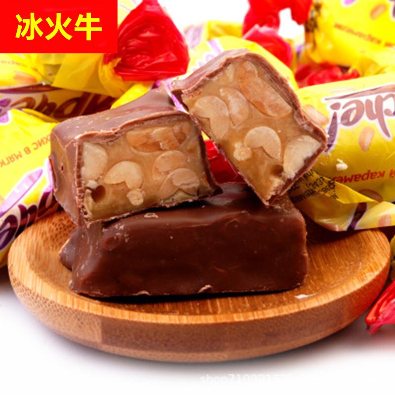 休闲零食夹心巧克力500g 俄罗斯进口糖果KDV黄花生味（代可可脂）