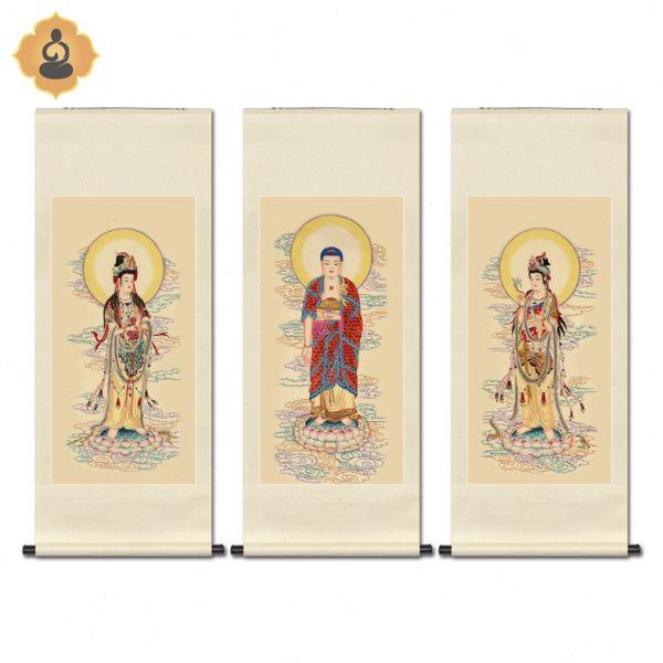 工笔人物国画西方三圣阿弥陀佛观音画像玄关书房中式卷轴画框挂画,家居饰品,国画,淘宝优惠券,粉丝福利购,淘宝优惠卷