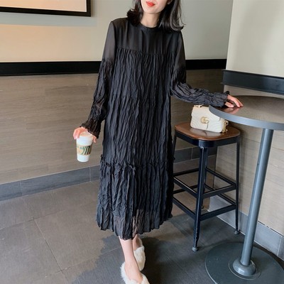 韩国东大门2021春秋新款雪纺连衣裙女褶皱做旧宽松中长款打底裙