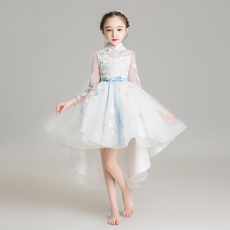 儿童婚纱小女孩花童晚礼服公主裙蓬蓬纱女童演出服白色长袖走秀秋