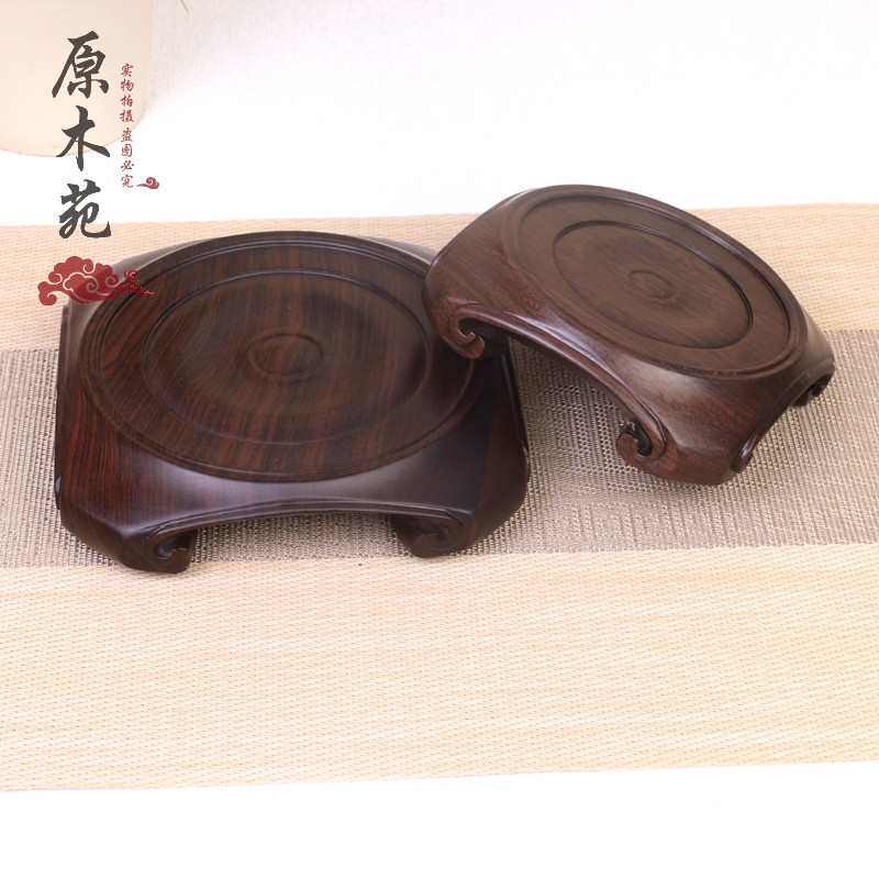 黑檀实木瓷器盆景花瓶紫砂壶葫芦聚宝盆摆件整木底座石头木雕托垫