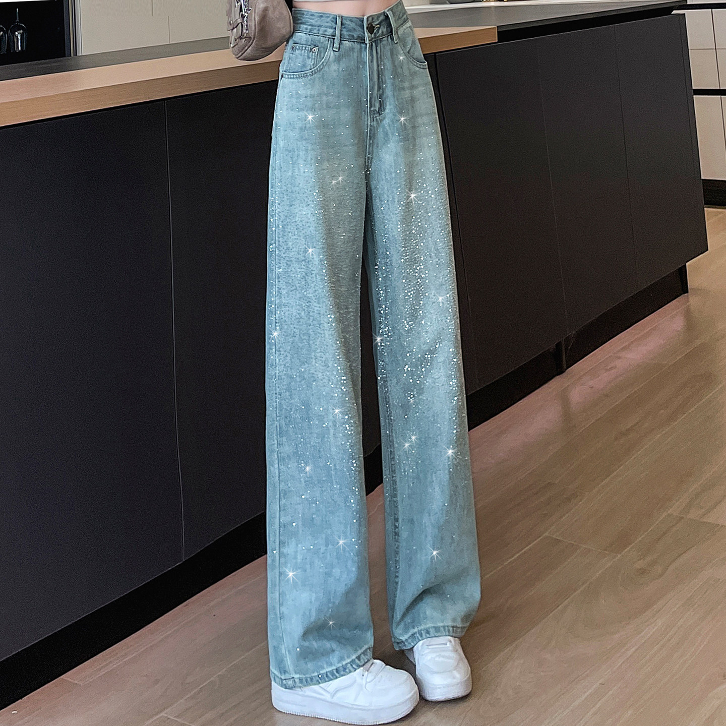 加长满天星烫钻阔腿牛仔裤女2026春季小个子高腰宽松垂感直筒裤子