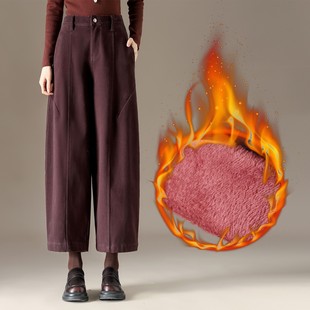 复古酒红色牛仔裤 女裤 女2025新款 秋冬加绒气球裤 小个子九分裤 美式