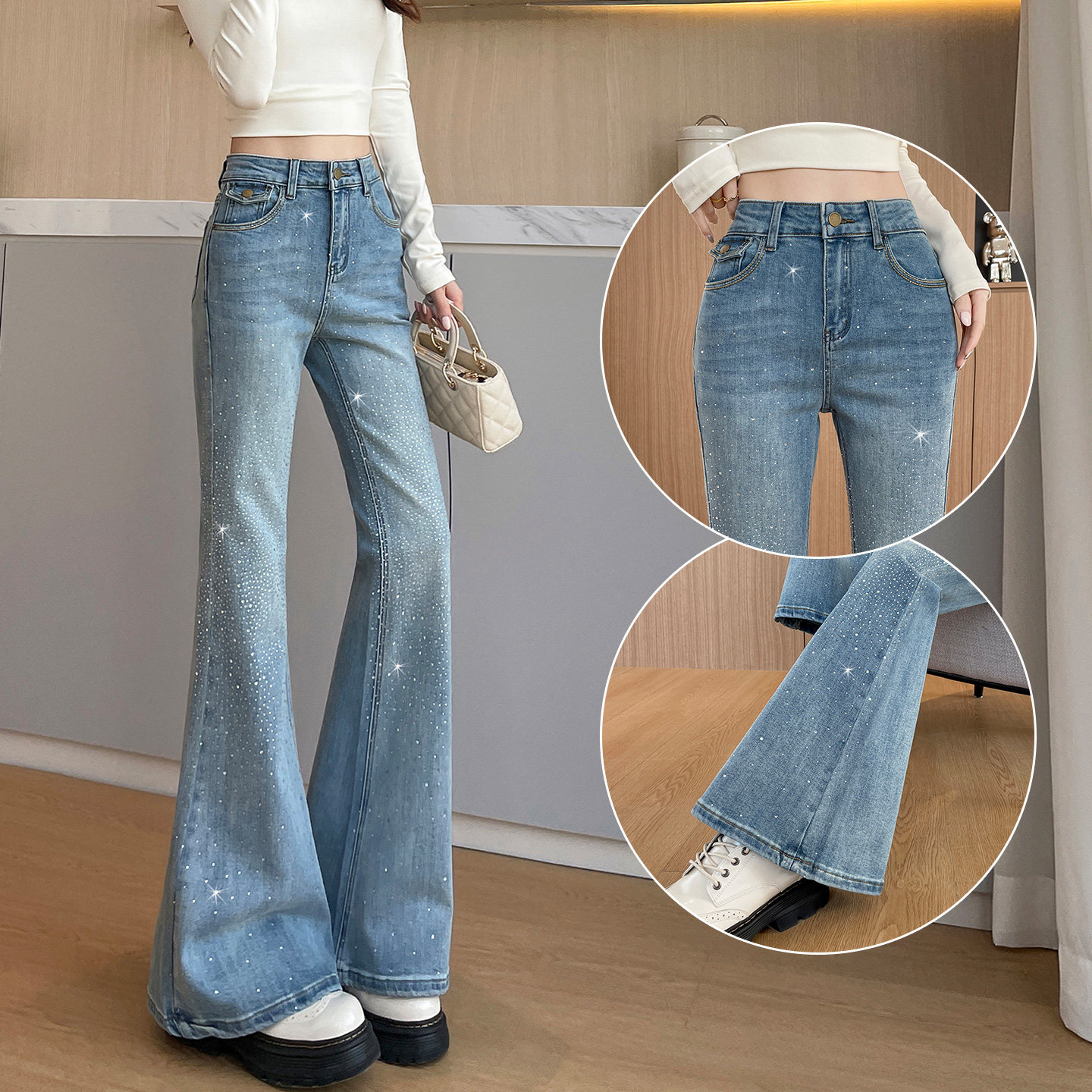 浅蓝色带钻修身微喇牛仔裤女春2026新款高腰弹力满钻爆闪喇叭裤子
