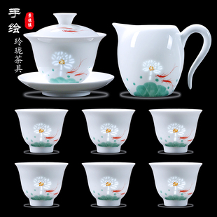 景德镇手绘五彩玲珑陶瓷茶具套装盖碗茶壶茶杯泡茶专用茶具礼盒装