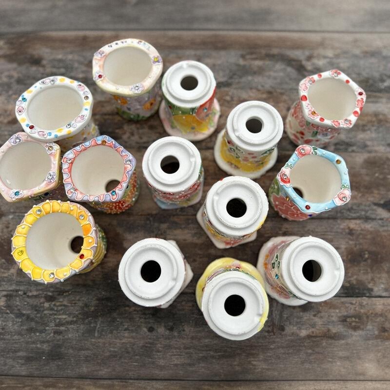 景德清新手绘濑户烧白泥透气吸水多肉拇指控型顶冠飞碟花盆口4.5