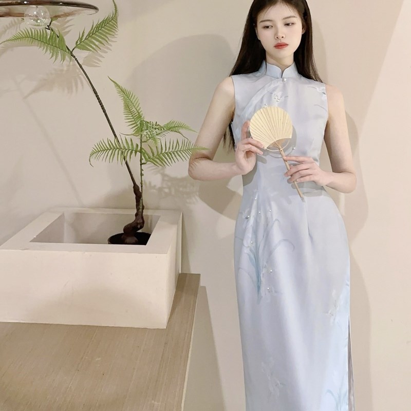 小兰铃清丽优雅蓝色钉珠新中式细闪国风港工修身旗袍连衣裙