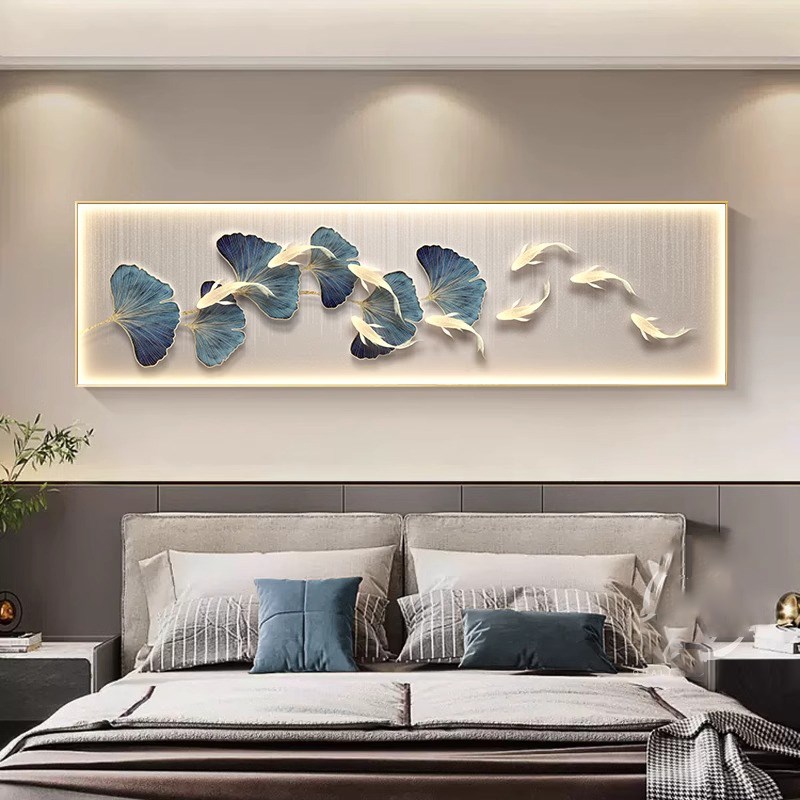带灯卧室床头银杏叶装饰画LED客厅九鱼图横N幅挂画沙发背景墙壁灯图片