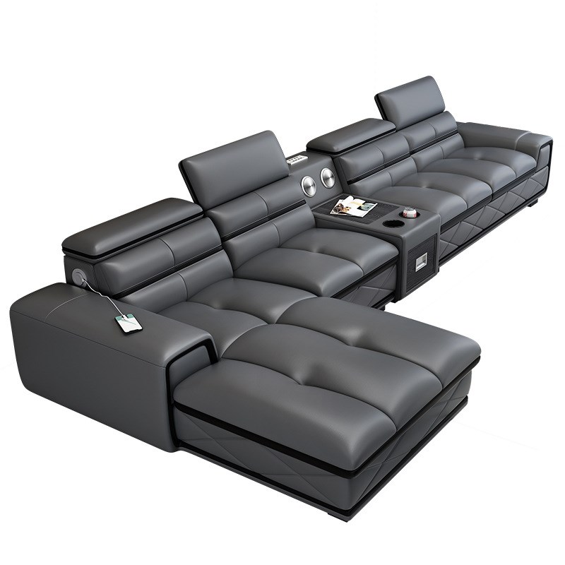 简约现代皮沙发组合大户型客厅L型转角功能靠头边几整装贵妃沙发