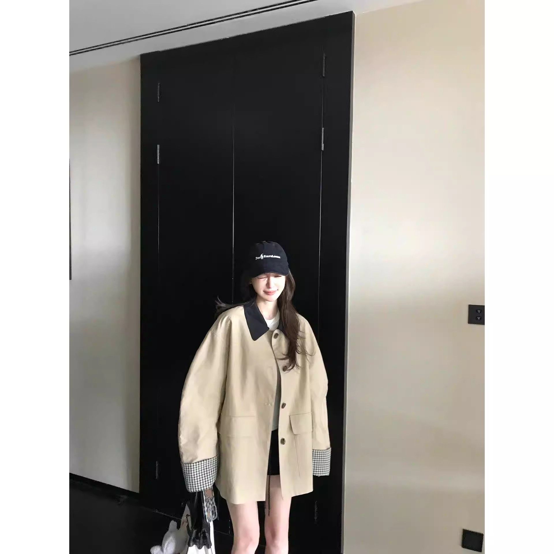 Skk Store 高智巴恩风 卡其色风衣撞色格纹拼接短款宽松外套女秋图片