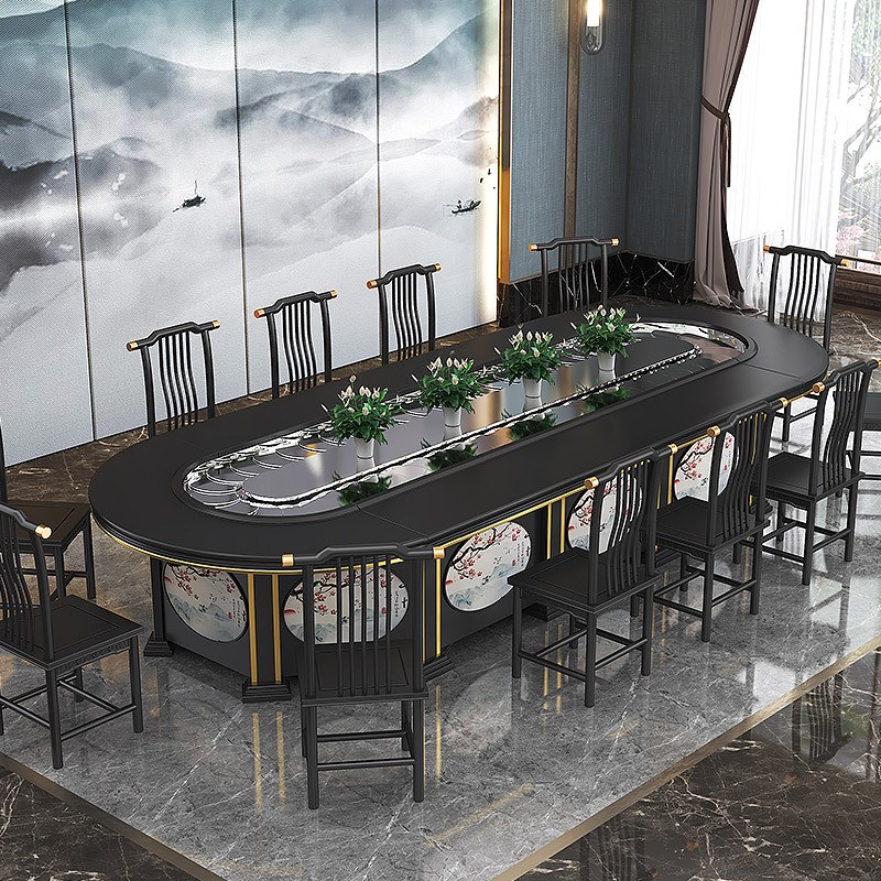 长型餐桌转盘套装新中式酒店电动组合桌长方形旋转长桌家用别墅