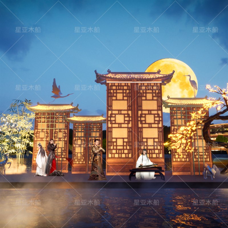 厂家定 制灯光秀花船花车仿古木质大型景观船木船设计