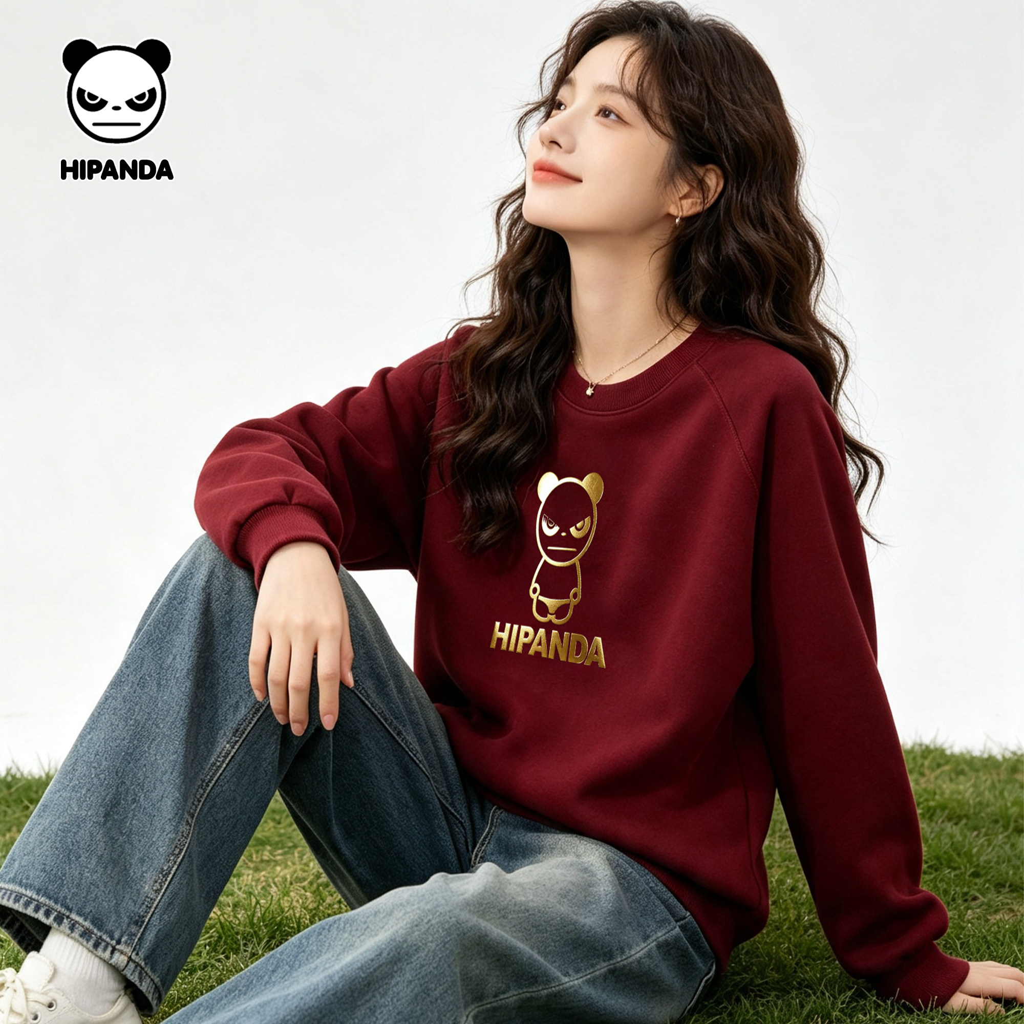 HIPANDA您好熊猫卡通印花圆领卫衣女长袖酒红色潮牌上衣
