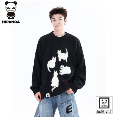 潮牌卡通猫咪针织毛衣男款秋冬情