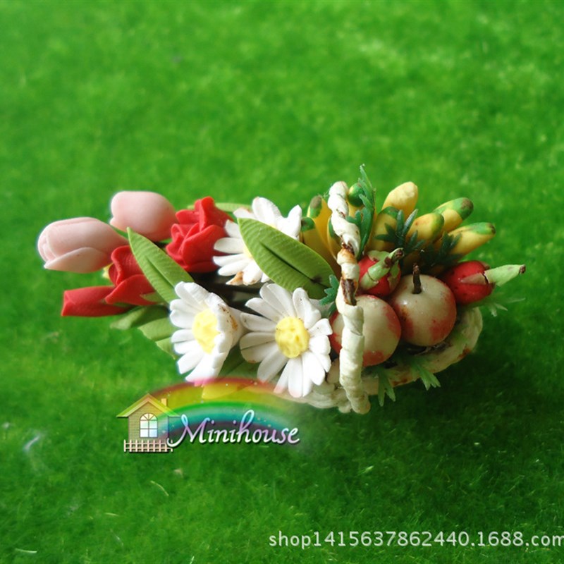 1:12娃娃屋配件dollhouse 迷你粘土花白色藤篮花篮水果篮模型