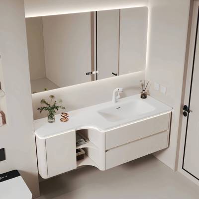 橡木可丽耐一体盆异形浴室柜组合梳妆台洗脸盆卫浴柜定制岩板热弯