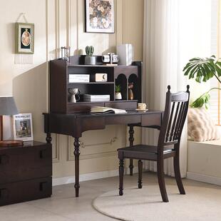 美式复古风实木书桌书架一体家用小户型写字桌现代简约书房办公桌