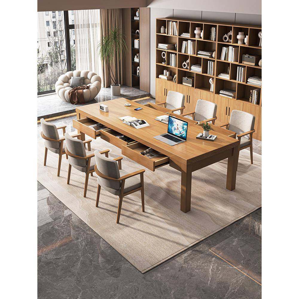 现代简约全实木客厅大长桌会议桌家庭实木大板图书馆阅读学习桌