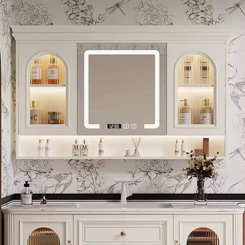 橡木烤漆单独浴室智能镜柜化妆室挂墙式法式白色实木收纳镜箱定制