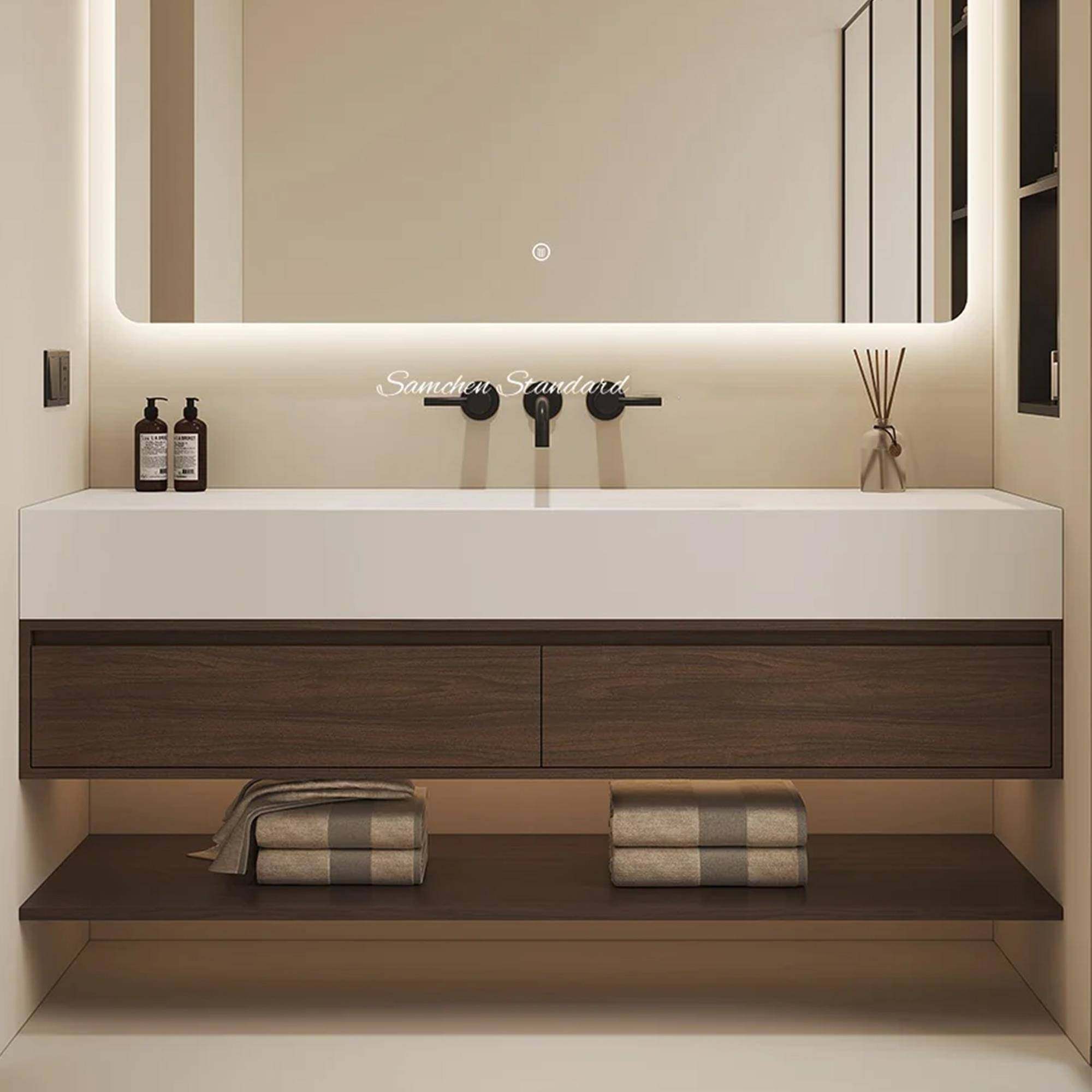 中古原木风岩板热弯无缝一体盆浴室柜组合洗脸洗漱台盆定制