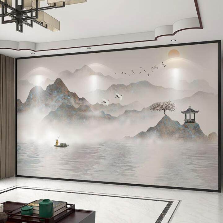 华景电视背景墙纸定制3d立体中式水墨山水电视背景墙壁布卧室墙布