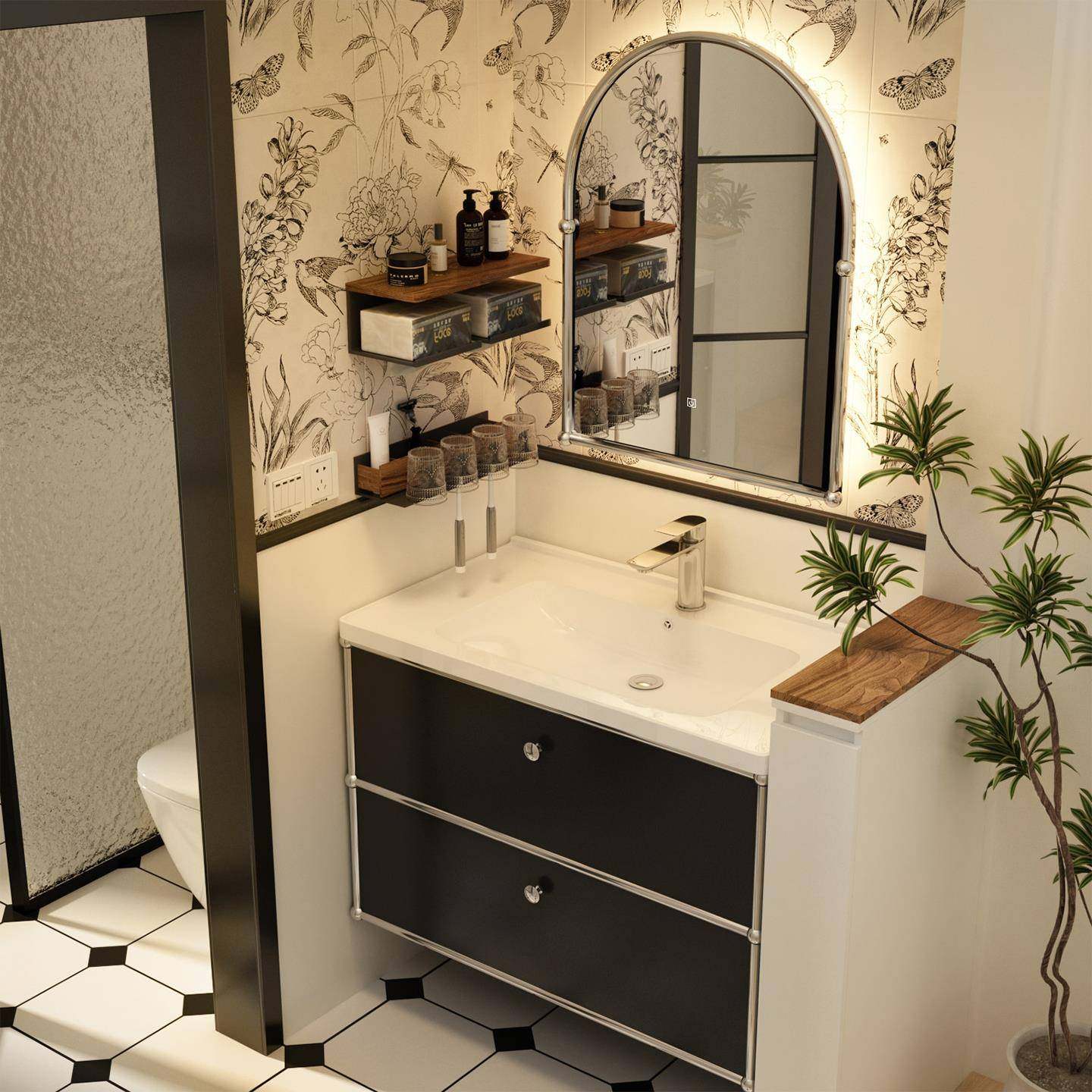 黑色不锈钢浴室柜组合化妆室陶瓷一体盆洗漱台法式洗手池包豪斯