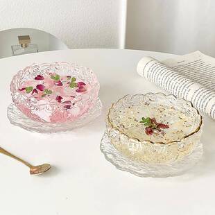 高颜值玻璃玫瑰甜品碗碟套装精致银耳羹燕窝碗带勺糖水酸奶燕麦碗