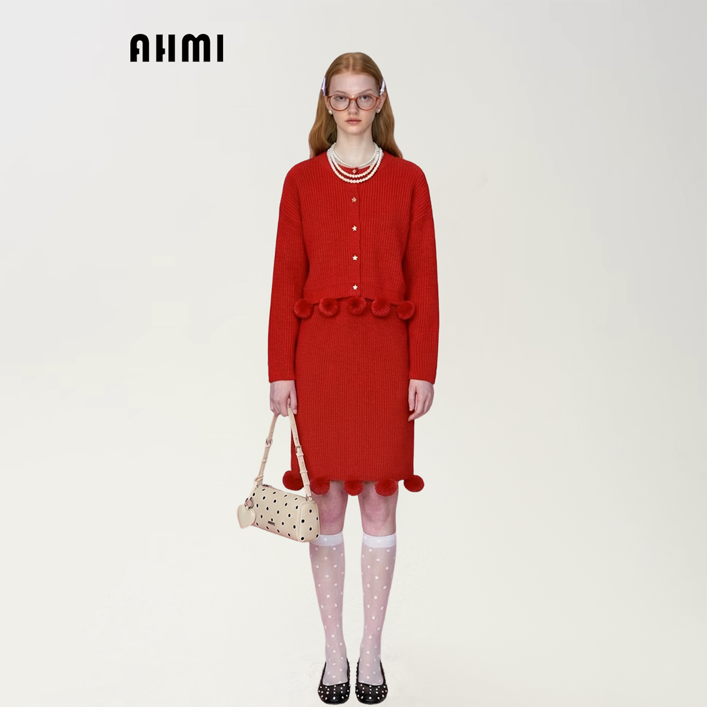 AHMI“软糯温柔”新年红毛球拼接针织衫半裙套装女春季时尚两件套,女装/女士精品,时尚套装,淘宝优惠券,粉丝福利购,淘宝优惠卷