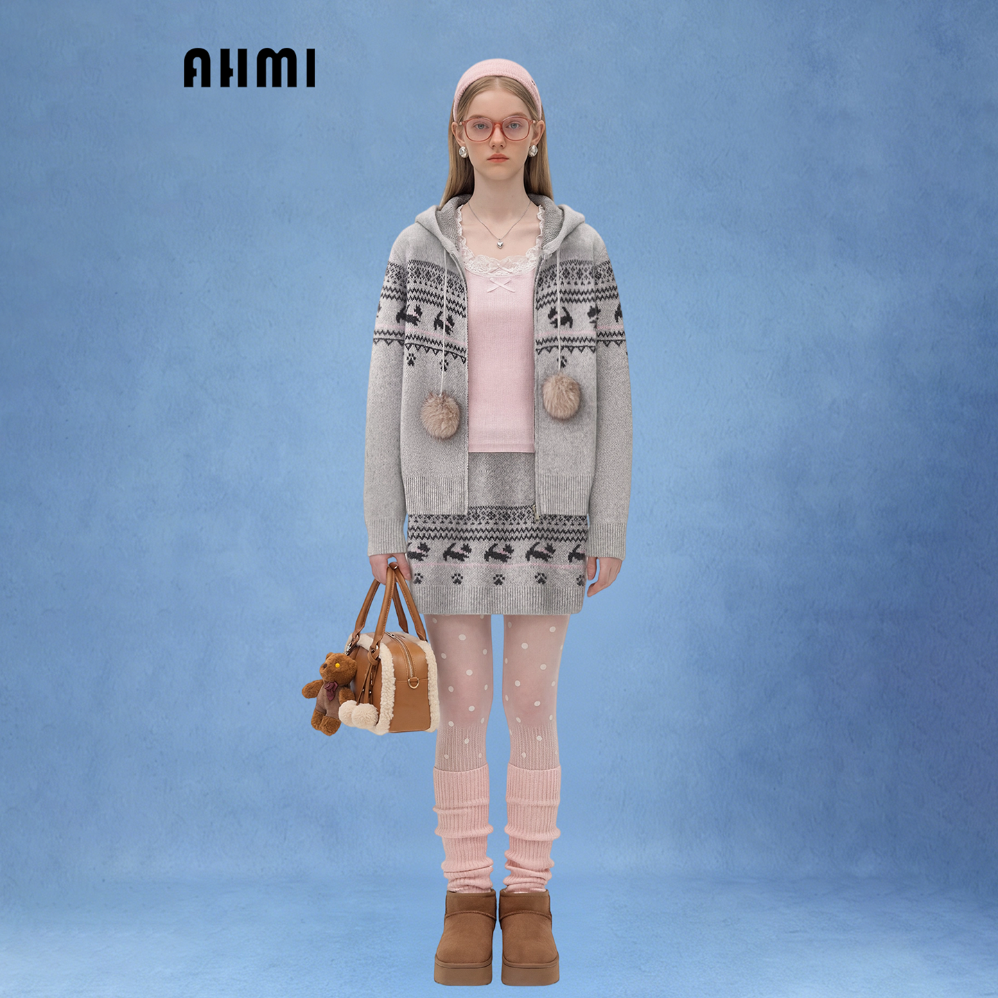 AHMI“北欧费尔岛”灰色连帽针织毛衣外套女早春季开衫短裙两件套,女装/女士精品,毛衣,淘宝优惠券,粉丝福利购,淘宝优惠卷