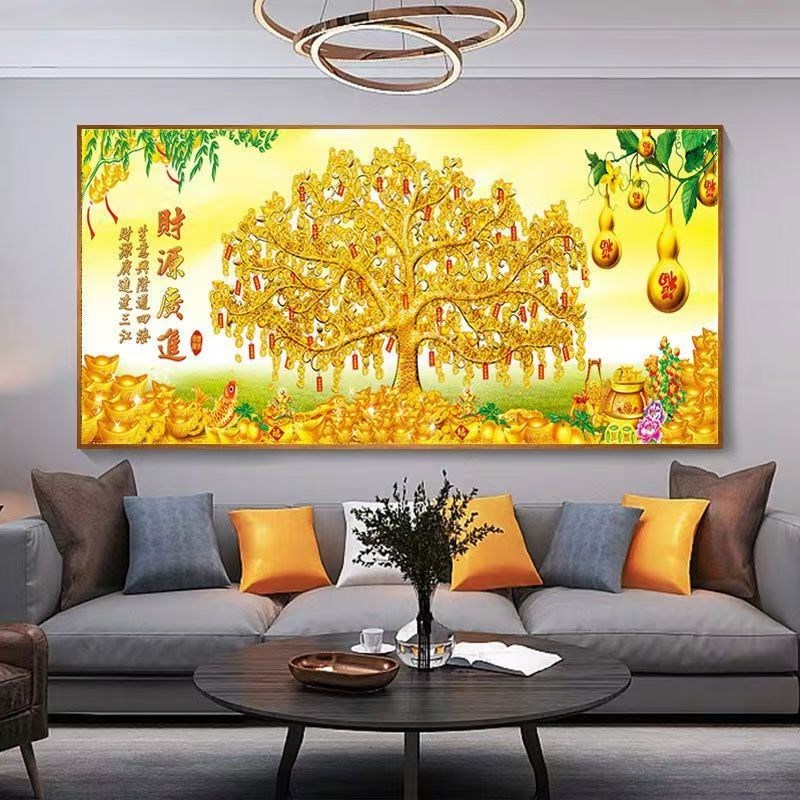 客厅发财树装饰画新中式餐厅办公室墙面壁画财源广进招财横版挂画图片
